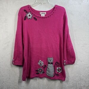 Timberlea‎ Pink Sweater Cat Floral appliqués Women's XL Vintage 90s Art To Wear